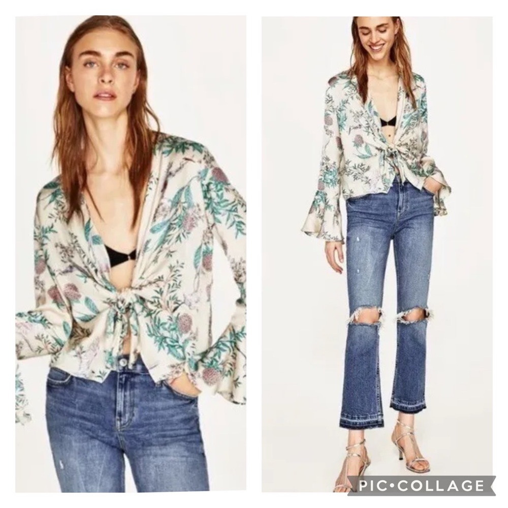 Euc Zara Floral Crane Printed Knot Front Bell Sleeve Top